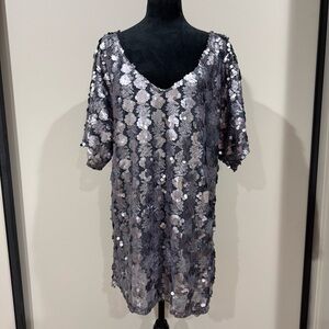 Free People Silver Gray Sequin T-Shirt V-Neck Mini Dress